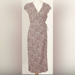 J. Crew Dress Small Pink Black Wrap A Line Short Sleeve Midi Belted Leopard
